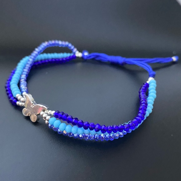 925 Sterling Silver Blue Thread  Butterfly Adjustable Three Layer Bracelet - Picture 2 of 13